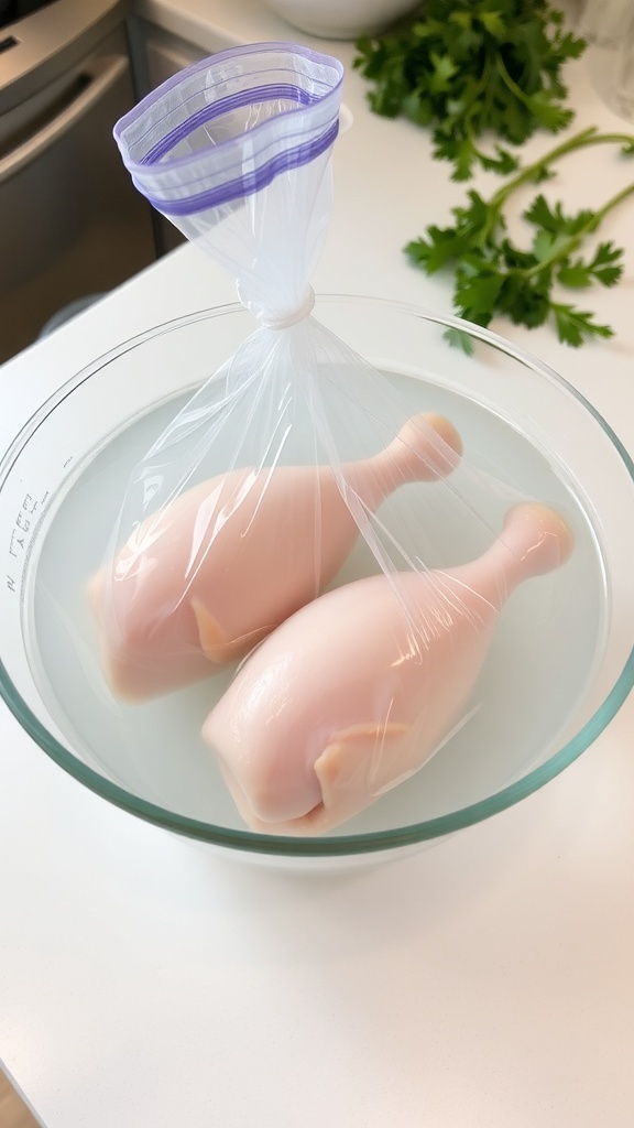Quick Thawing Method for Chicken Drumsticks Frozen chicken drumsticks in a bowl of cold water for quick thawing.